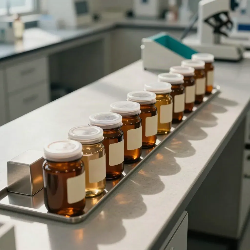 Biotech sample jars and blank tags align beside a metal tray in a bright lab sorting counter.