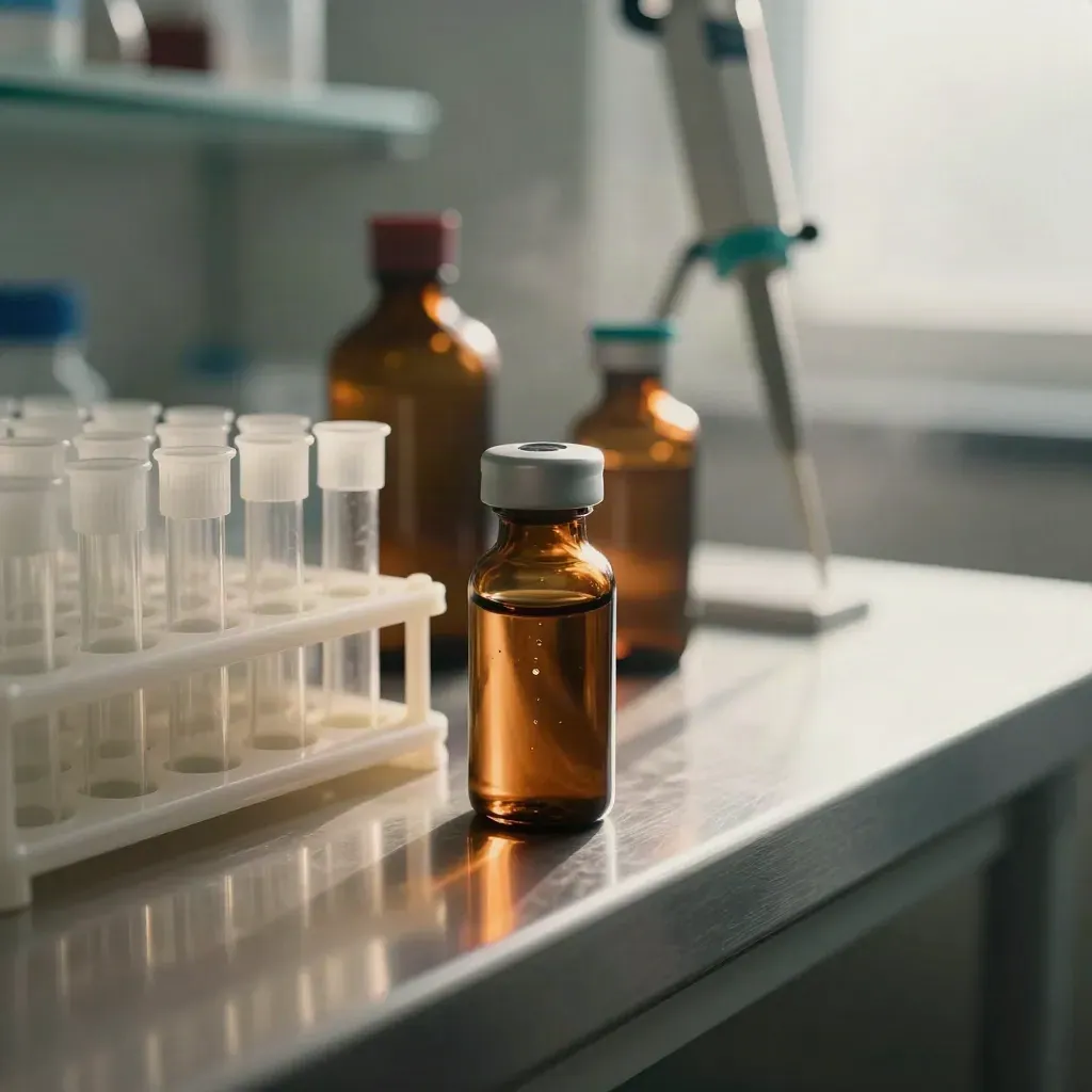 Cinematic macro of a biotech lab bench with sample racks, amber bottles and frosted glass dawn light.