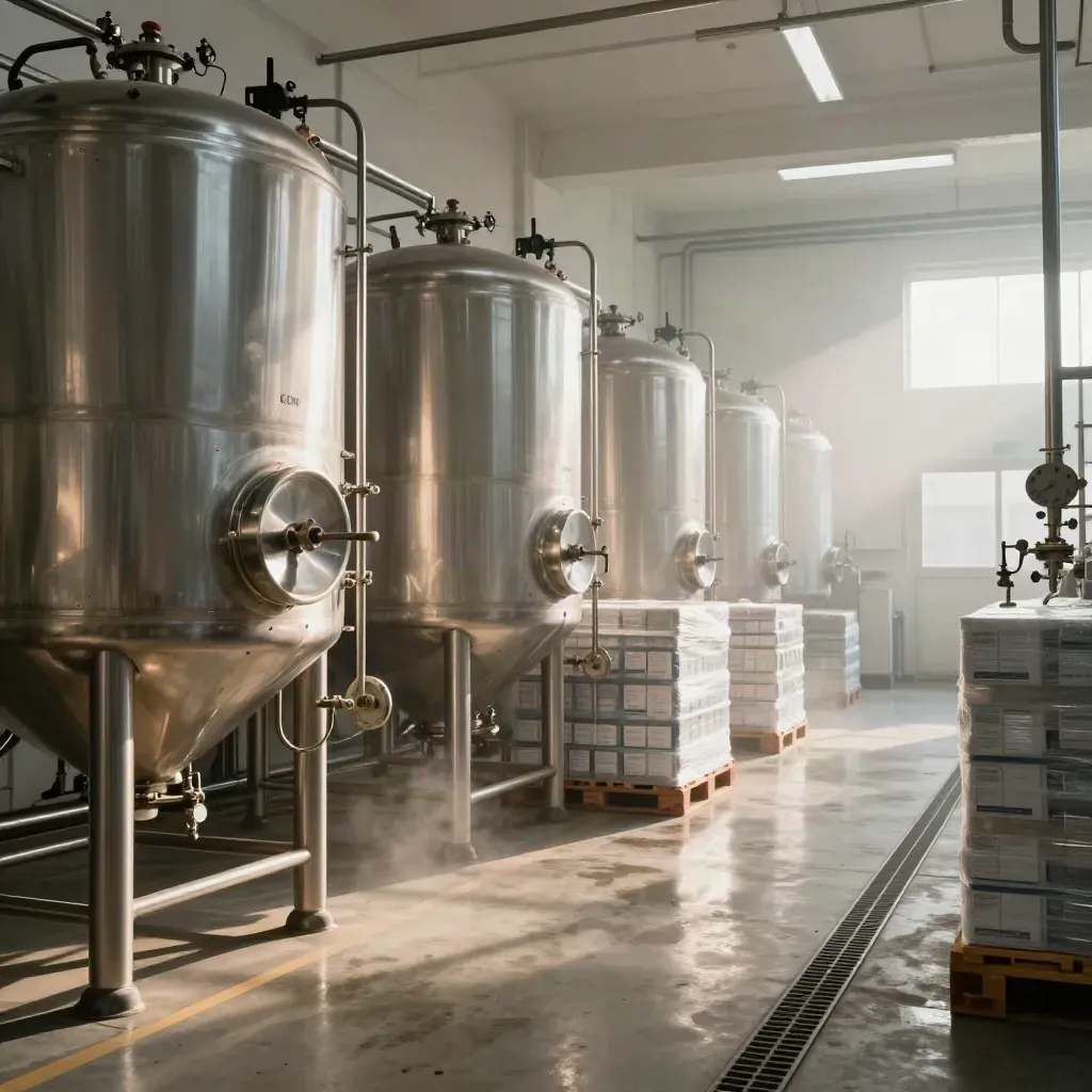 CDMO production bay with stainless tanks, amber vessels, cartons, and steam