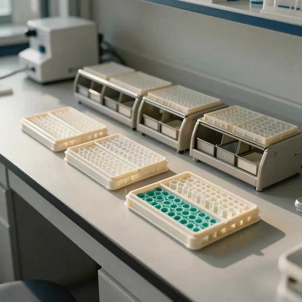 Lab bench with matched assay trays, storage slots, and a clean rack in bright directional light.