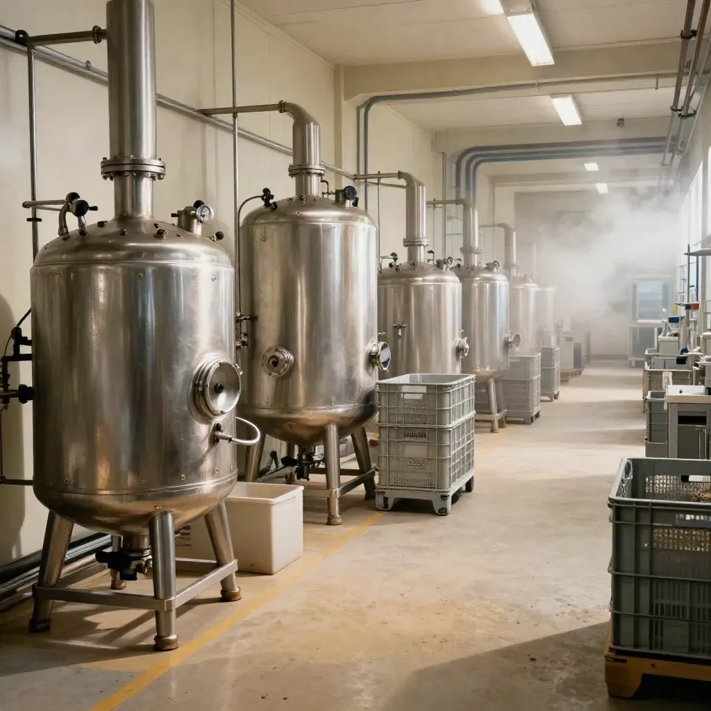 Empty Oxford CDMO corridor with stainless vessels, sealed tubs and crates under raking light.