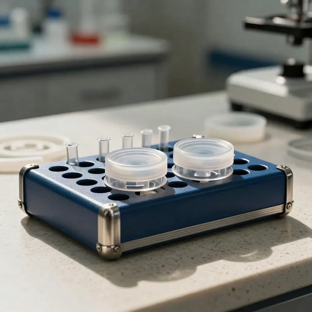 Macro sample rack, metal case and sterile caps on travertine with dramatic lab light.