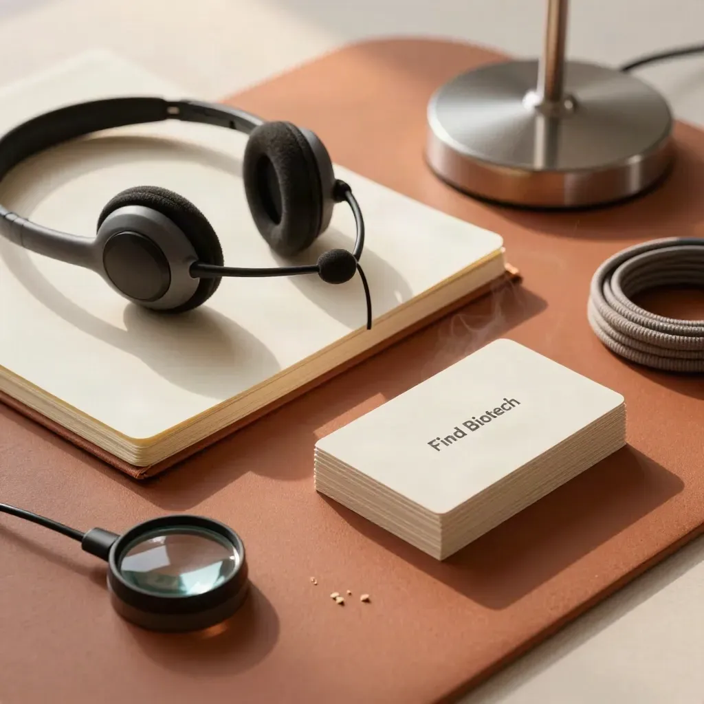 Headset cradle, notebook edge, blank cards and lamp on a terracotta surface.
