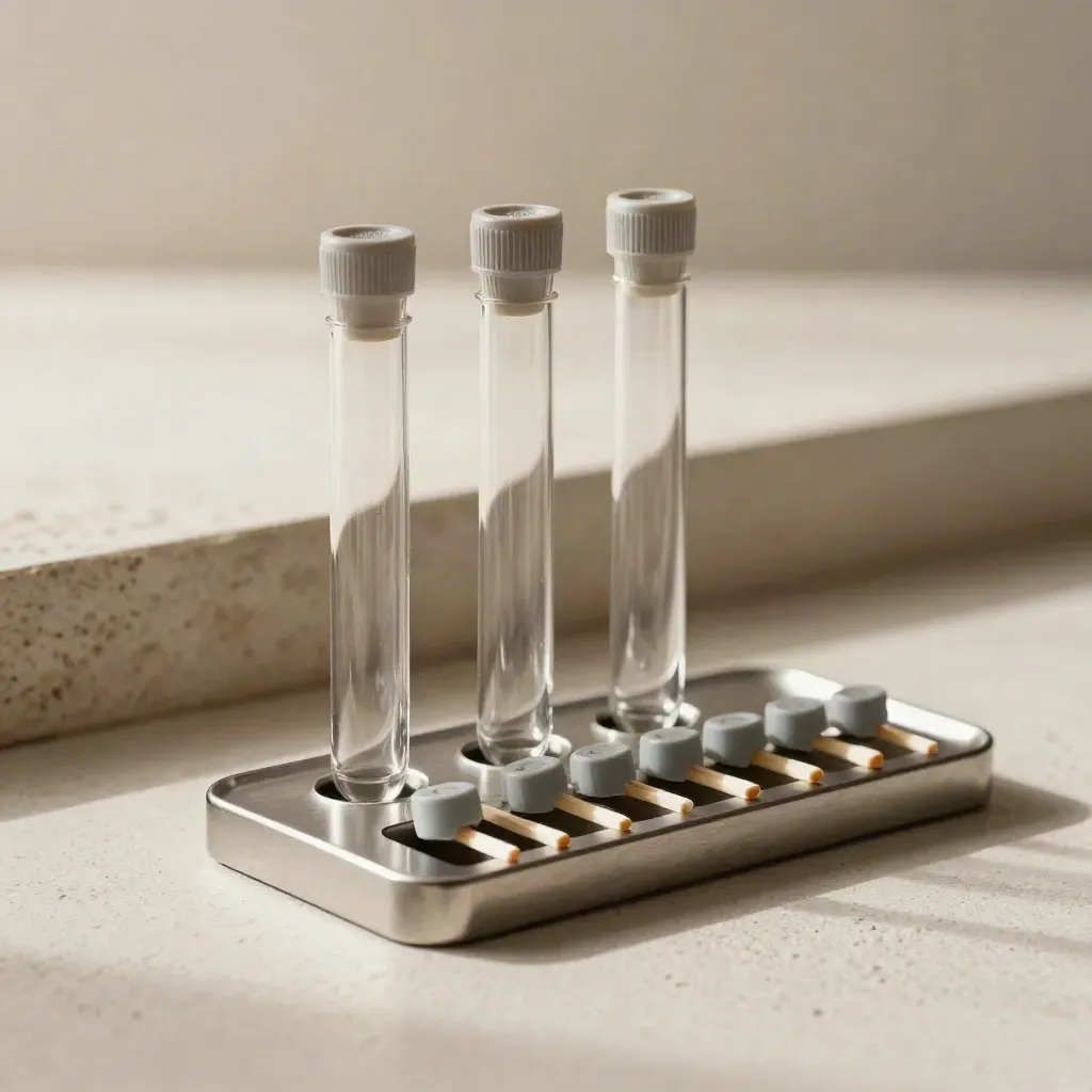 Three specimen tubes in a silver rack beside a metal selector tray on a pale plaster surface.