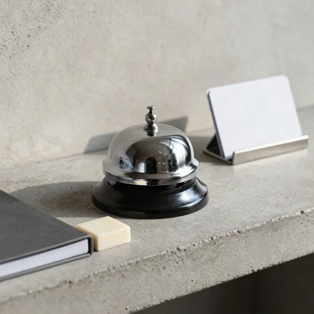 Chrome bell, folder edge, and appointment block on a stone shelf, softly lit from the side.